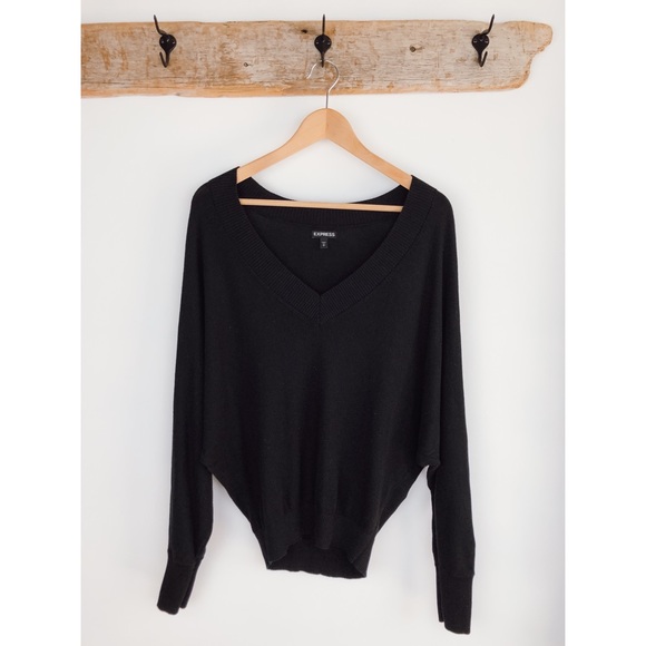 Express Sweaters - Express Black Oversized V-Neck Knit Sweater Small